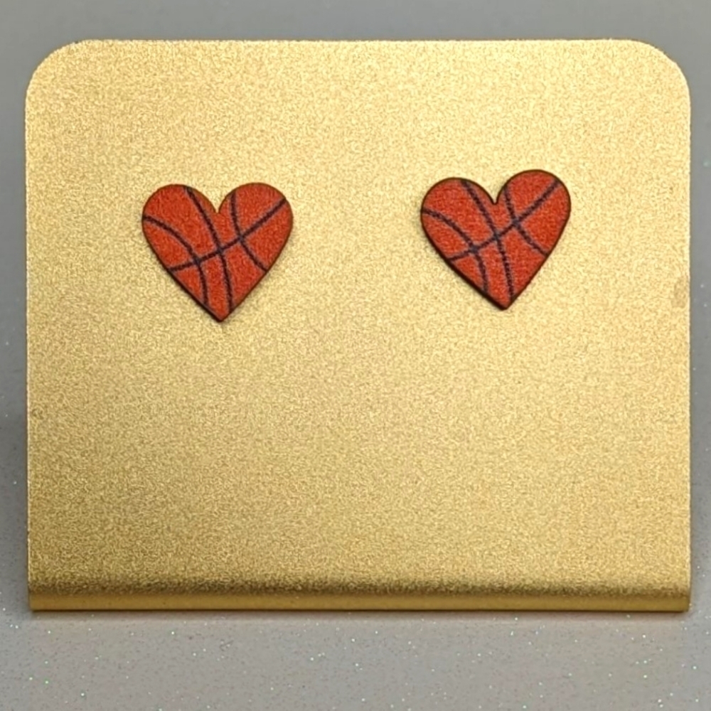 Basketball heart wood stud earrings